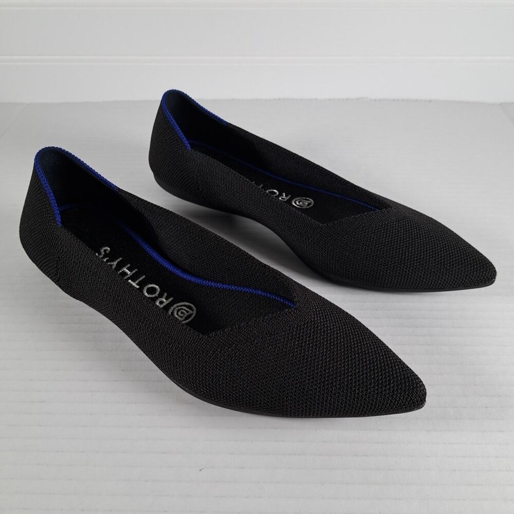 Rothys The Point Flats Womens 7.5 Black Pointed Toe Textile Knit Slip On Shoes
